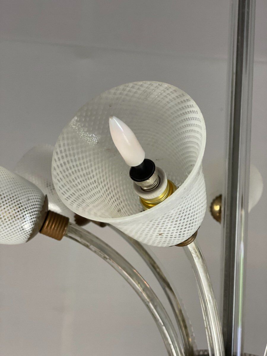 Venetian chandelier in colorless and white murano glass, venini circa 1940