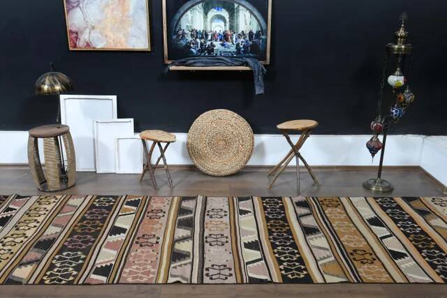 1970s Turkish Oushak Handmade Wool Cotton Brown Kilim Runner Rug 114x452