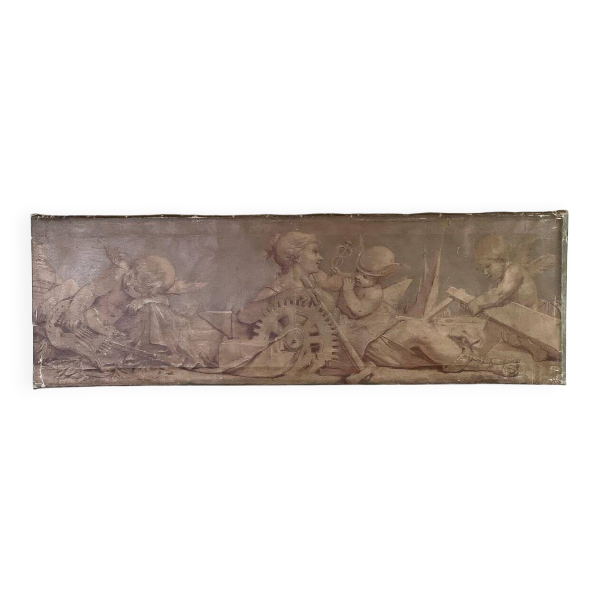 Allegory, oil on canvas, trompe-l'œil imitating sanguine, 19th century.