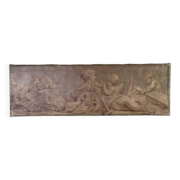 Allégorie, huile sur toile, trompe-l'œil à l'imitation de sanguine XIXème siècle