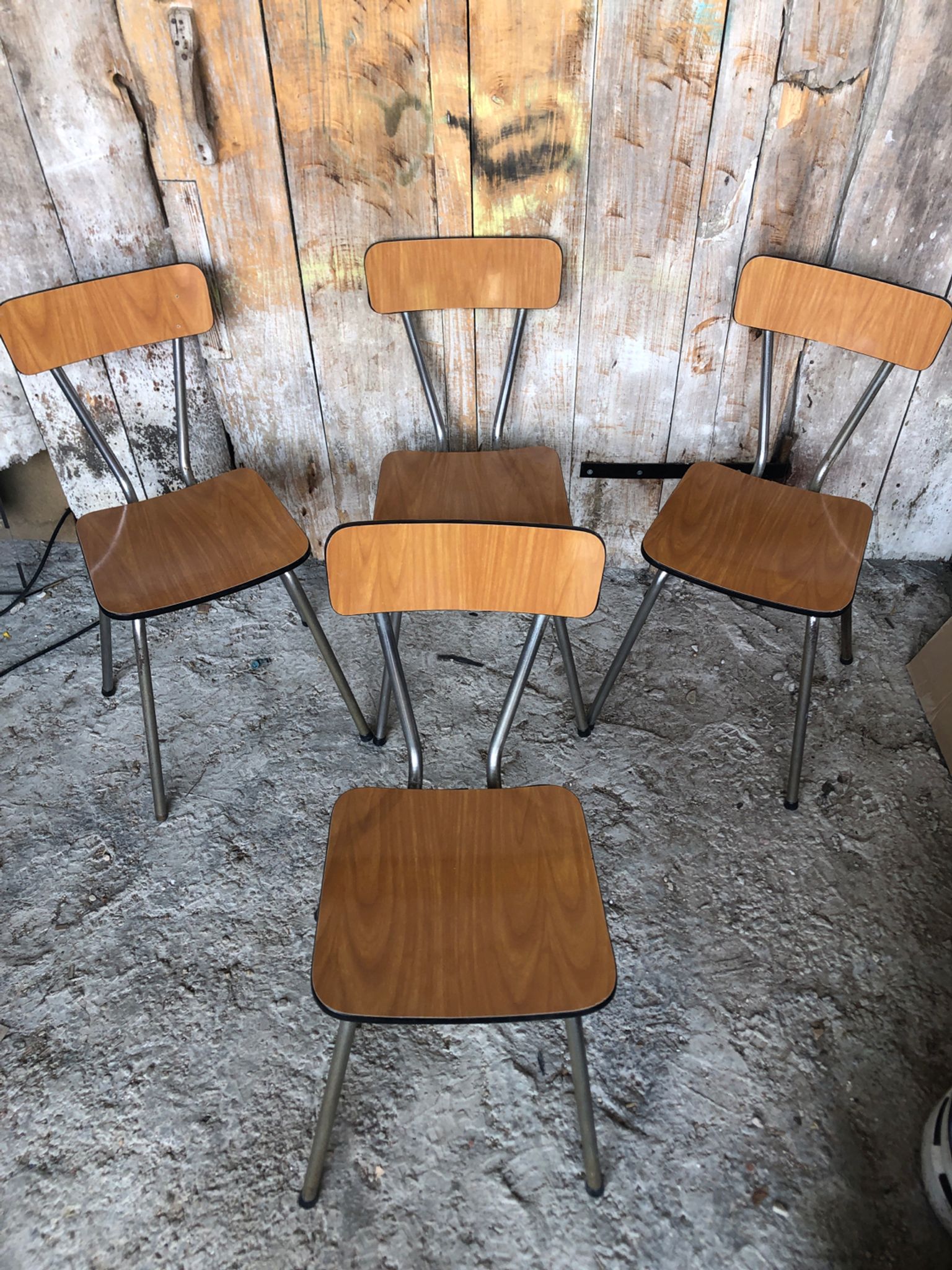 Series of 4 Formica Chairs Wood Legs Metal Chrome Vintage #A243