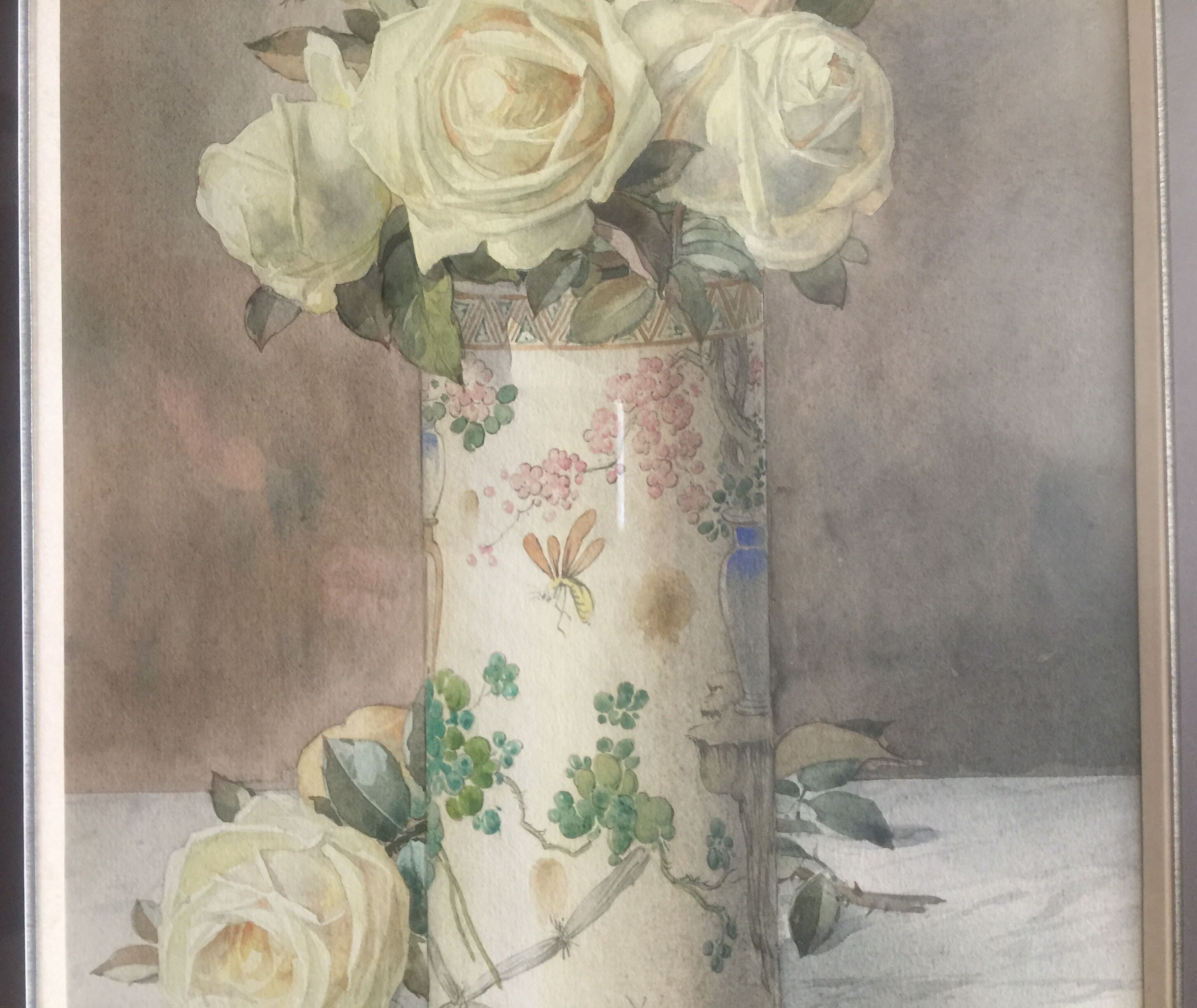 Ernest FOUSSIER 1901 "White roses in a Japanese vase"watercolor signed