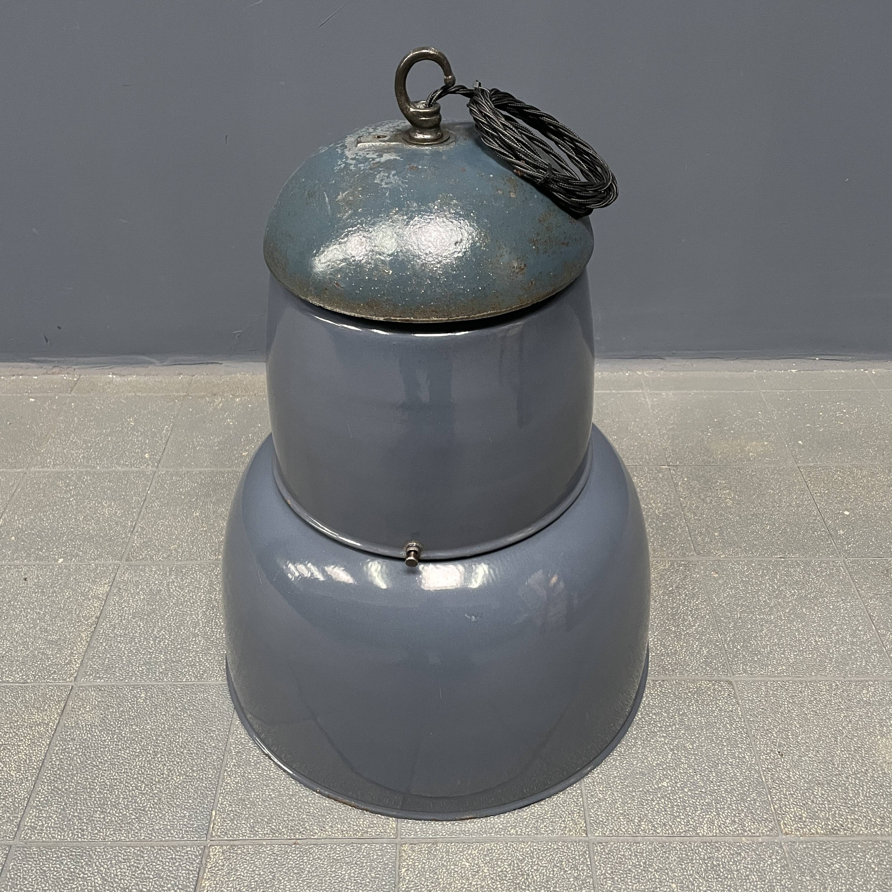 Large old industrial blue-gray enamel pendant lamp