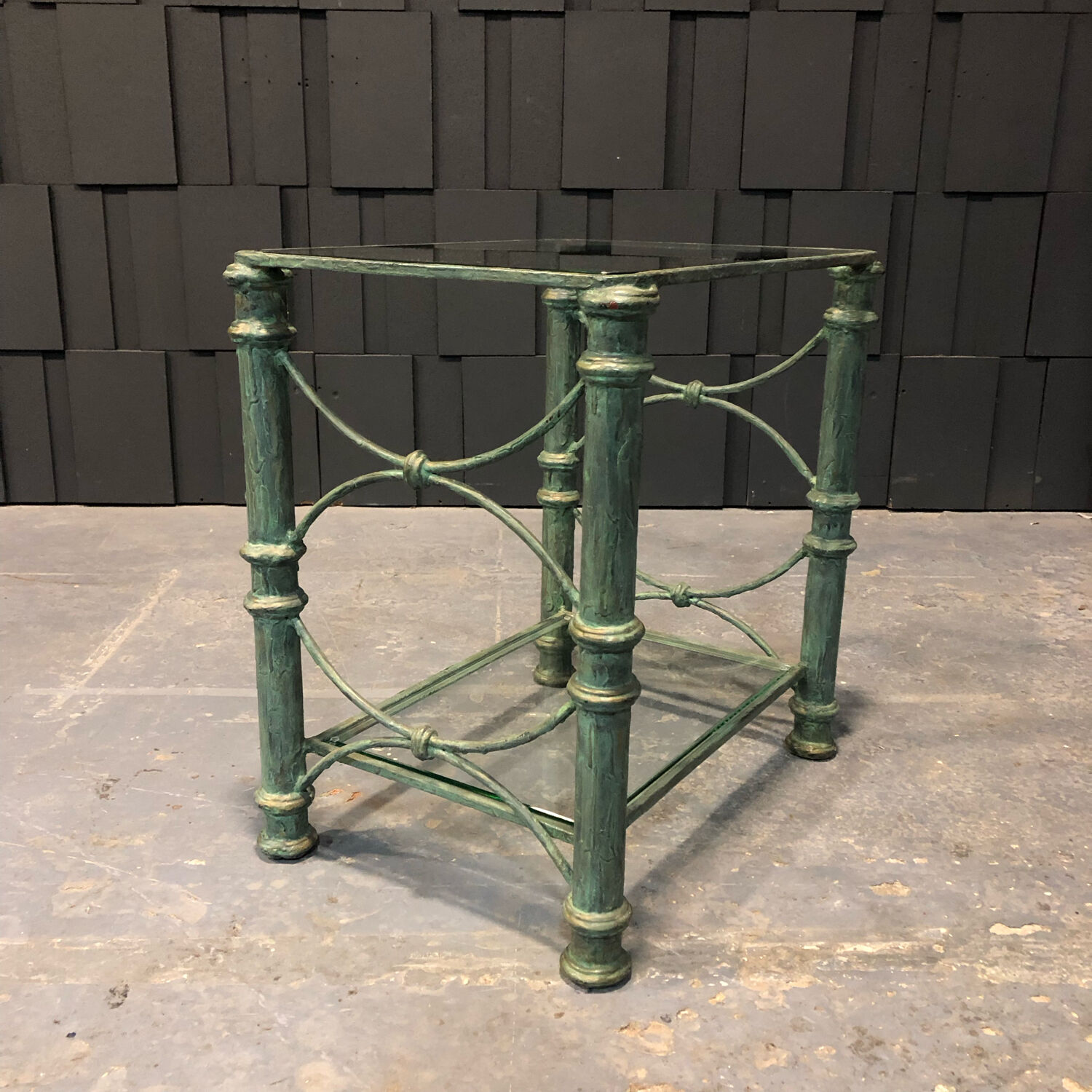 Iron and glass side table with antique patina