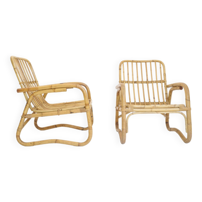 Paire de grands fauteuils en rotin italien des années 60.