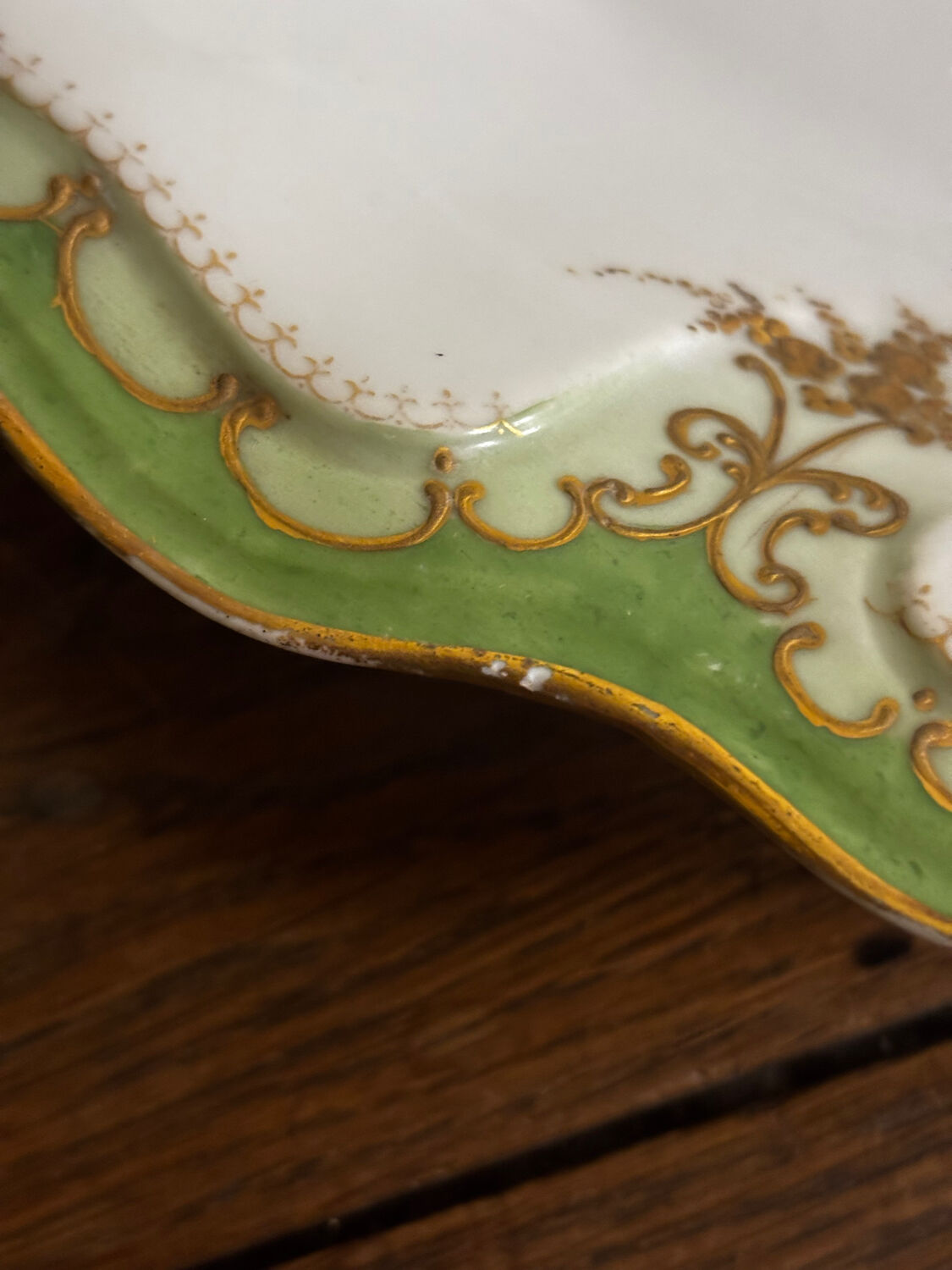 Vintage large rectangular green serving platter with Limoges gilt trim