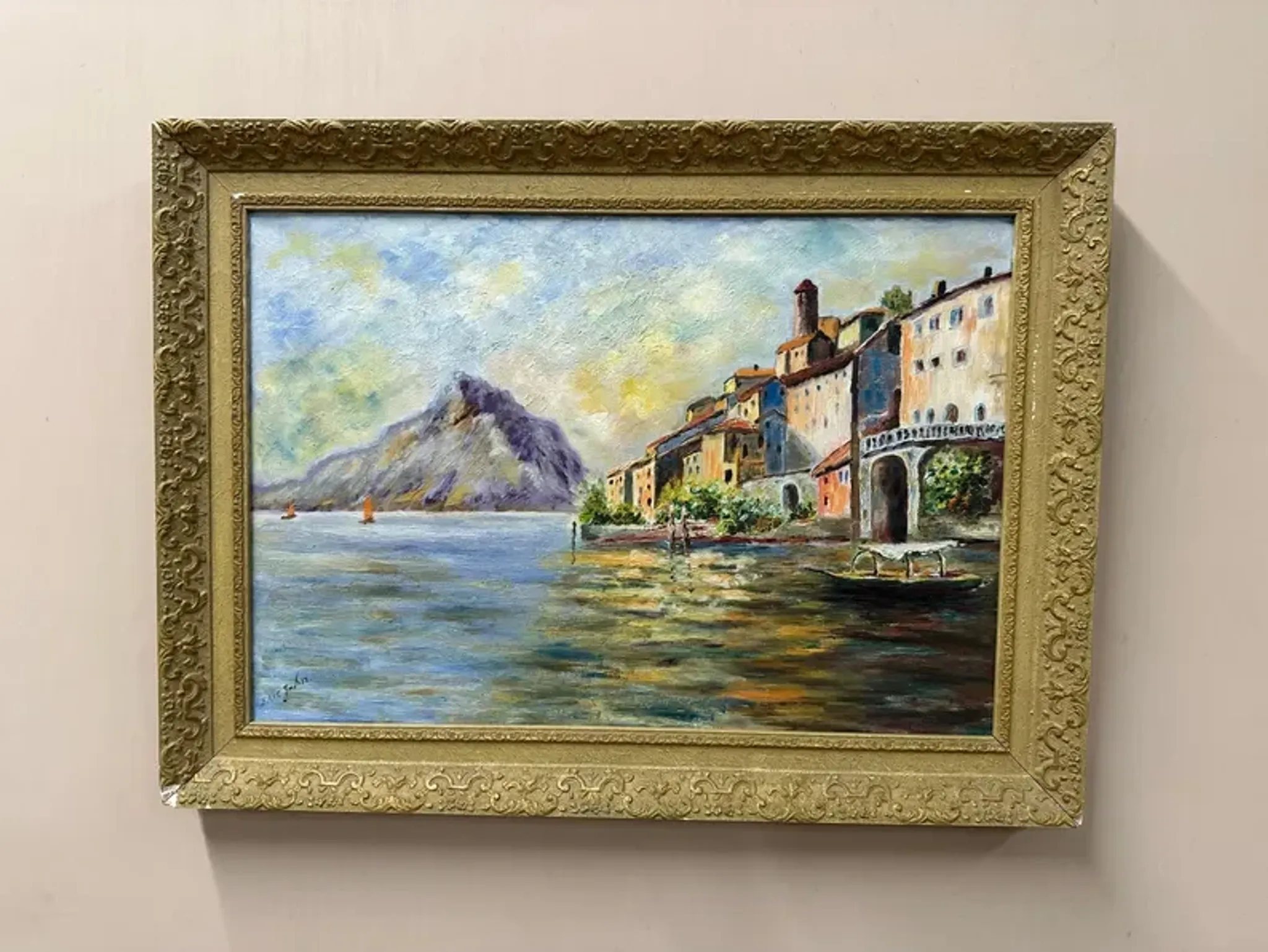 Original Swedish Oil on Canvas – “City and the Lake” by Eric Johan – Vintage & Framed