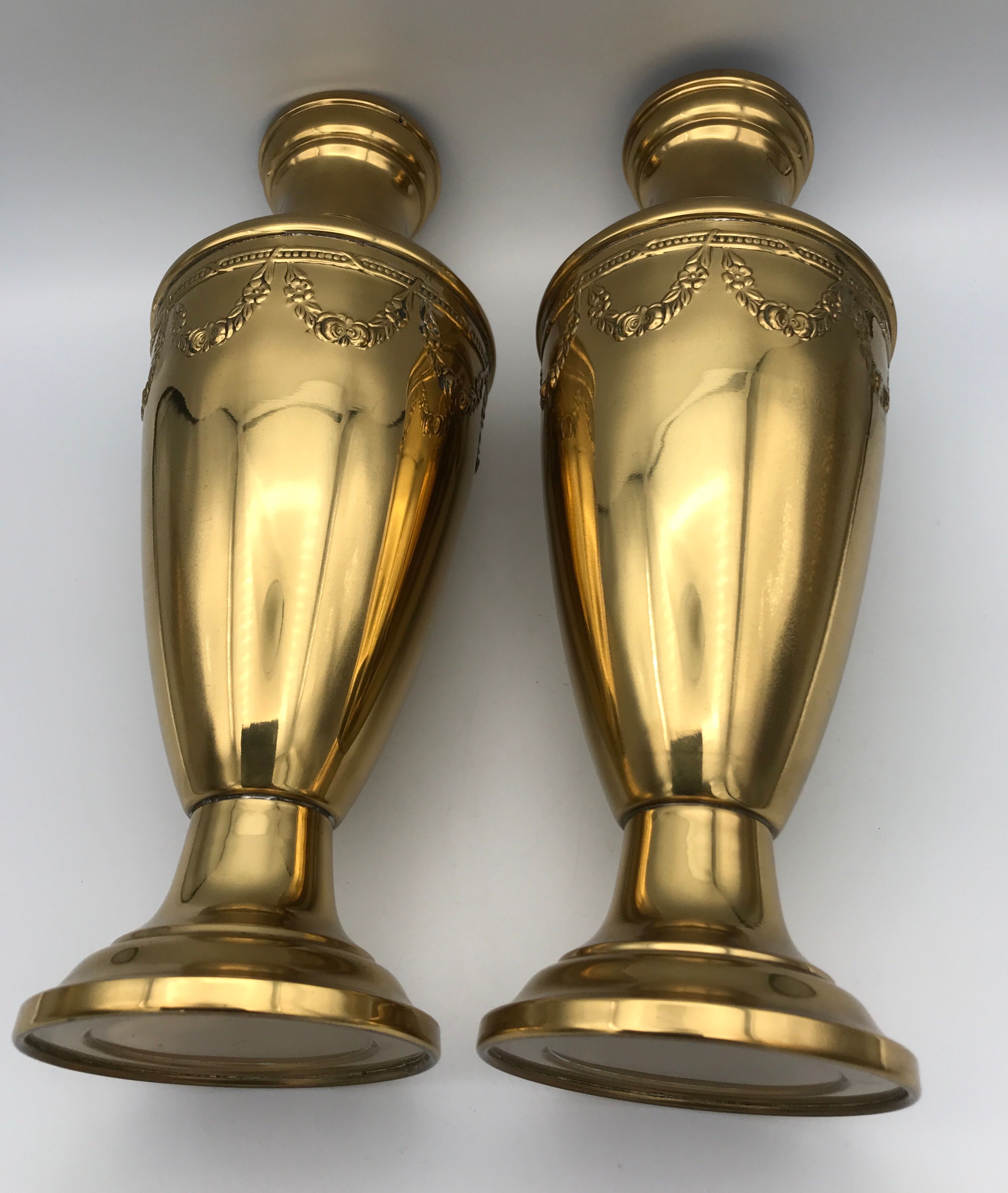 Pair of golden brass vases with floral frieze pattern 27.5 cm