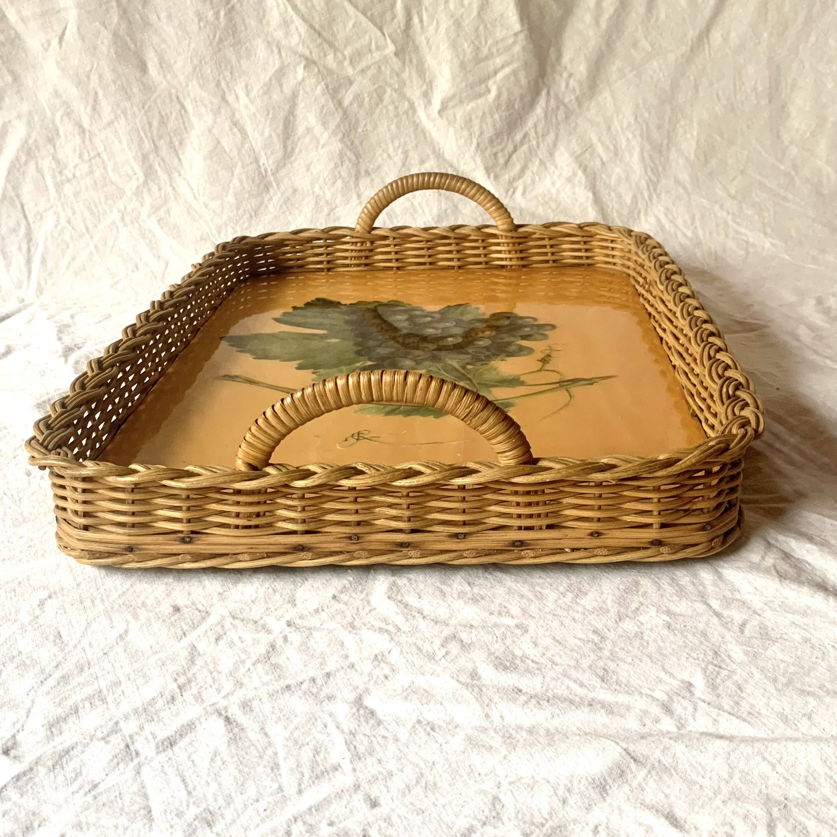 Vintage rattan and varnished wood tray - grape cluster decor