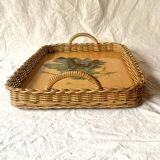 Vintage rattan and varnished wood tray - grape cluster decor