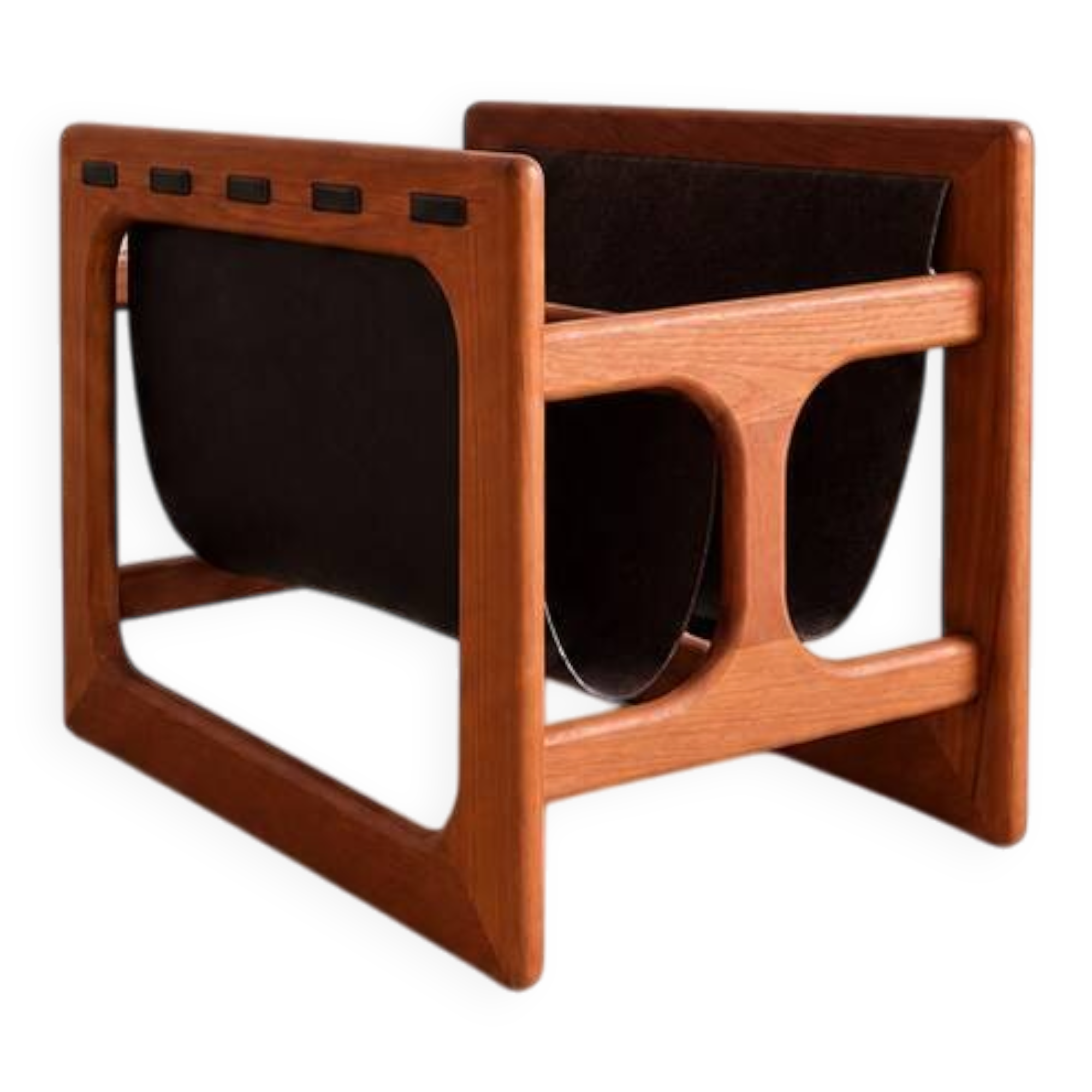 Teak and suede magazine rack by Aksel Kjersgaard for Salin møbler.