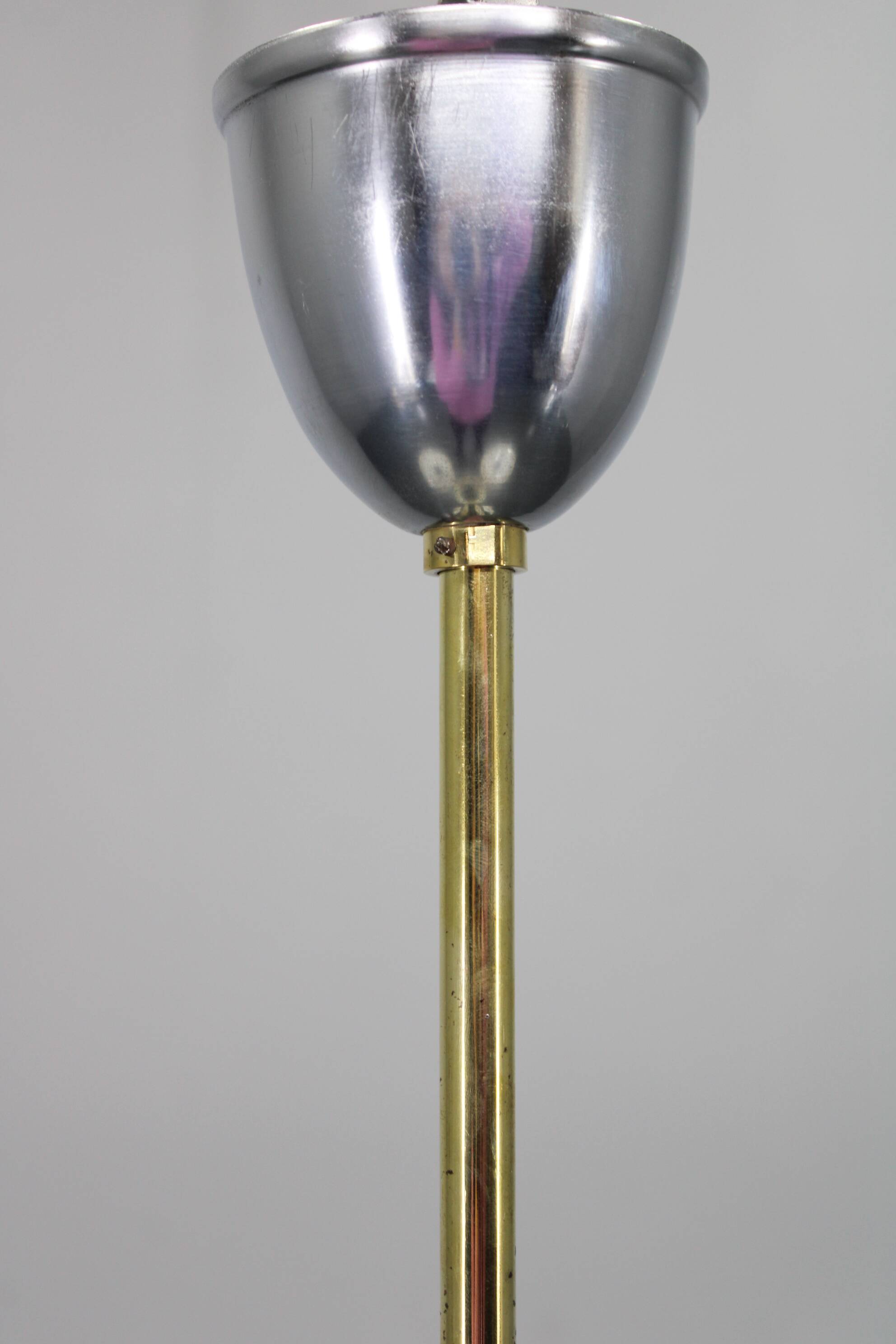 Art Deco brass and aluminum chandelier with cream glass, Czechoslovakia 1930s