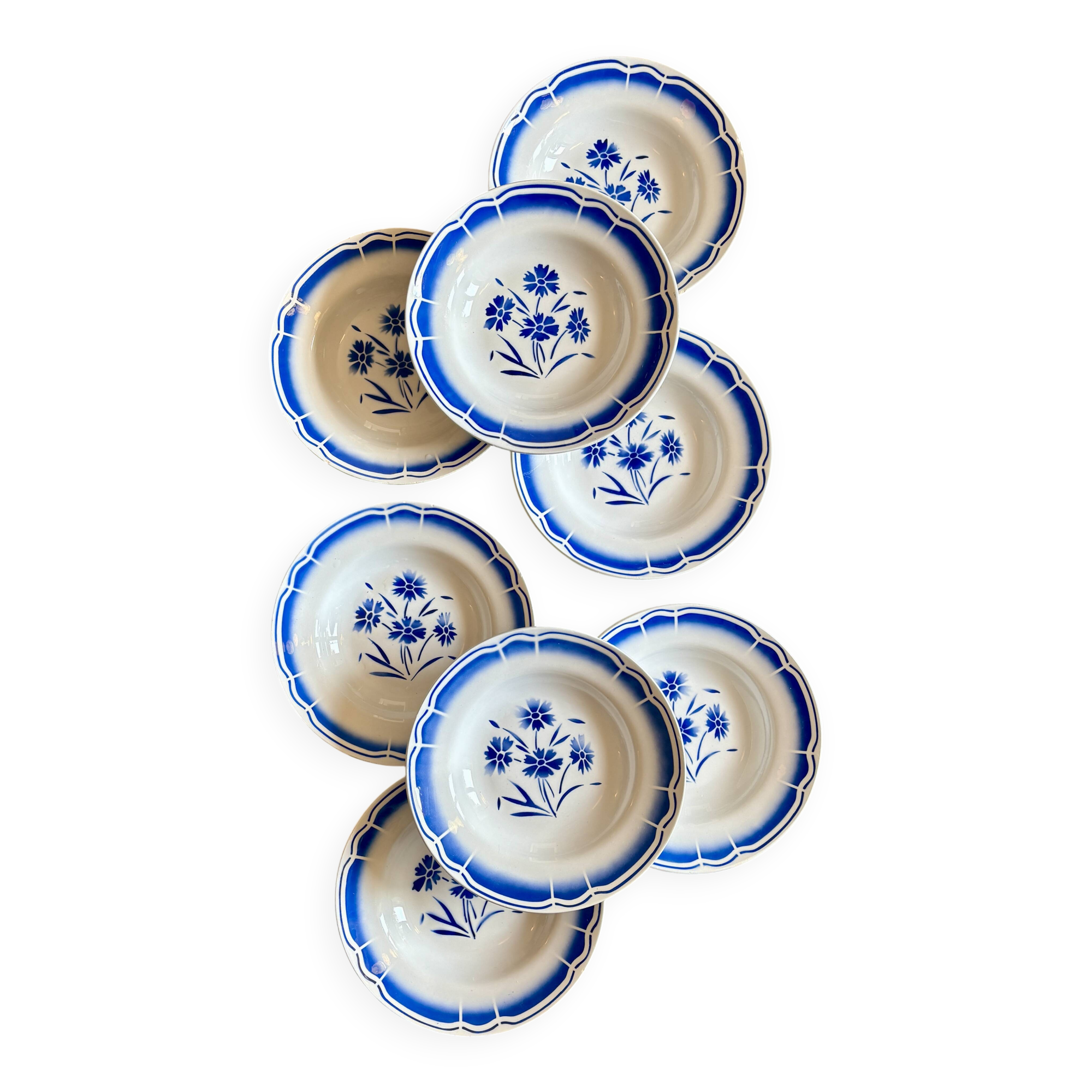 Set of 8 antique soup plates, blue flower decorations