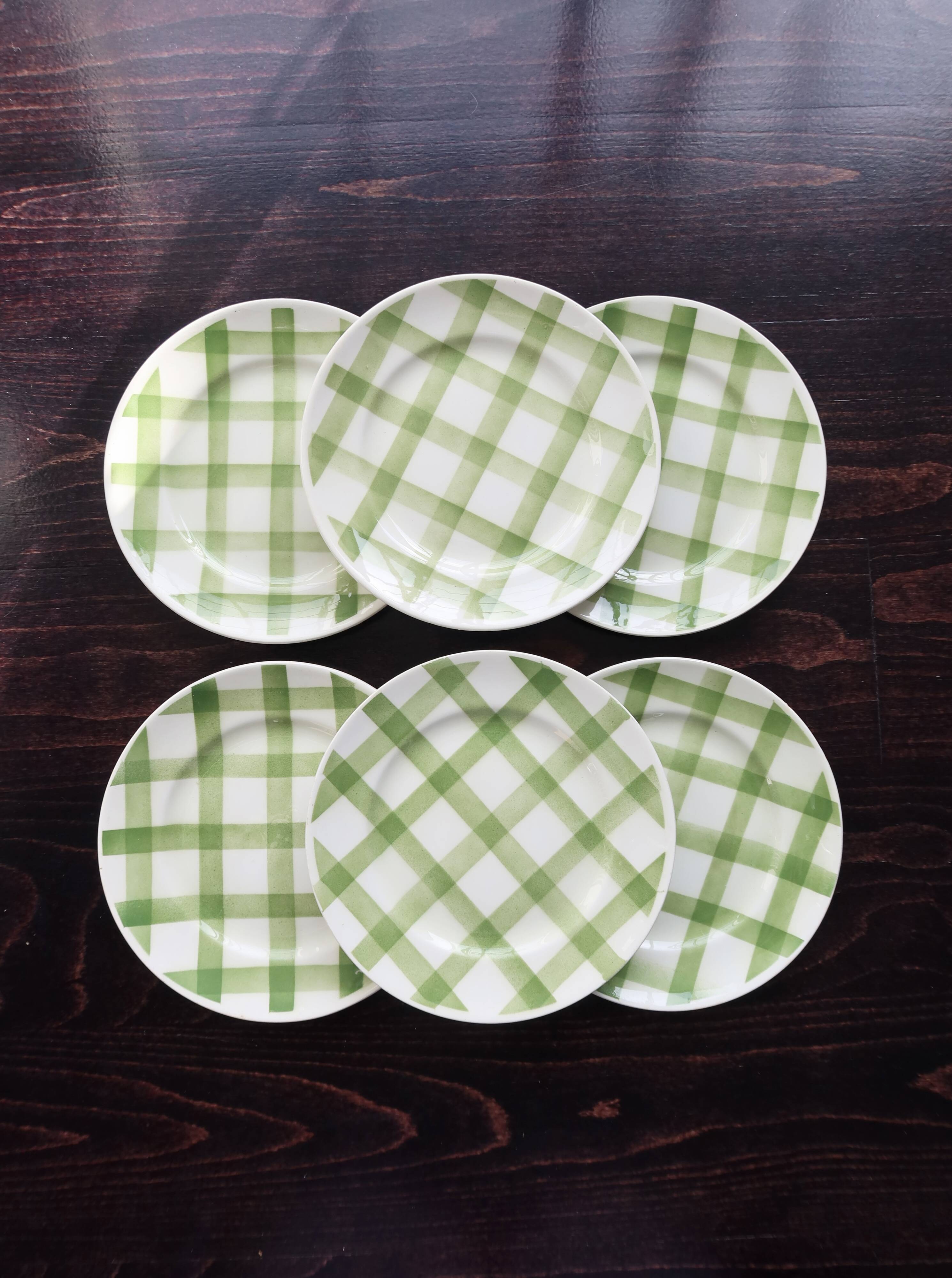 6 assiettes à dessert vintage faïence  Modèle Nappe vert - Moulin des Loups