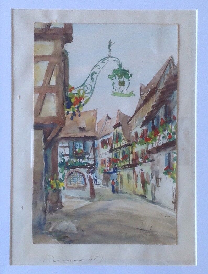 Watercolor by Alfred Doll representing "a street of Riquewihr" - 30 x 37cm