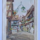 Watercolor by Alfred Doll representing "a street of Riquewihr" - 30 x 37cm