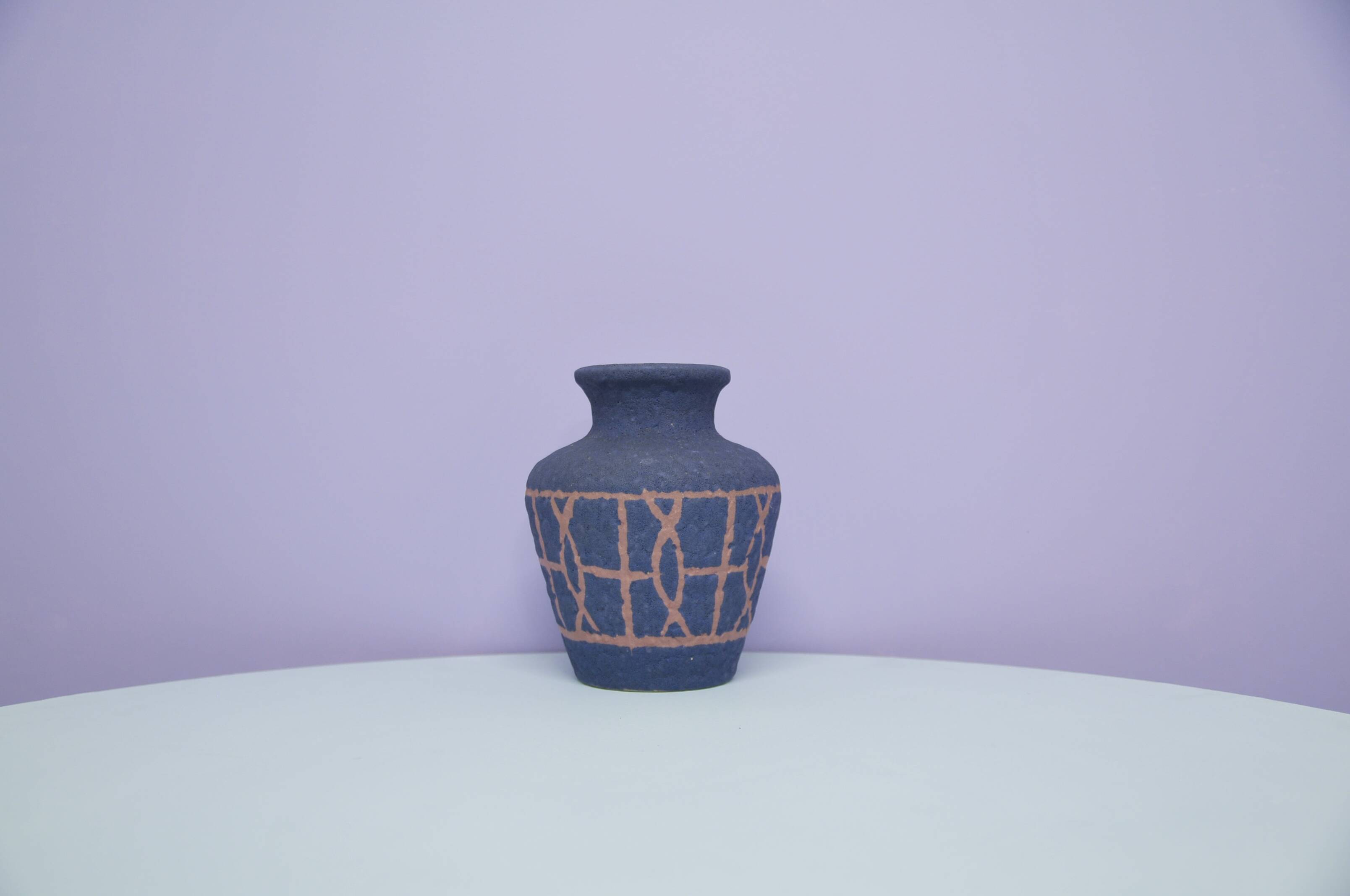 vintage matt blue & brown drawing West Germany vase Bay