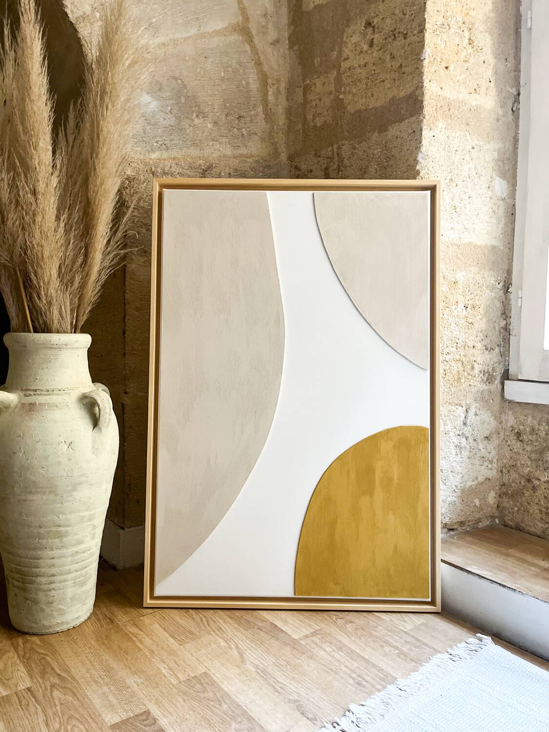 Minimalist yellow and beige linen relief painting