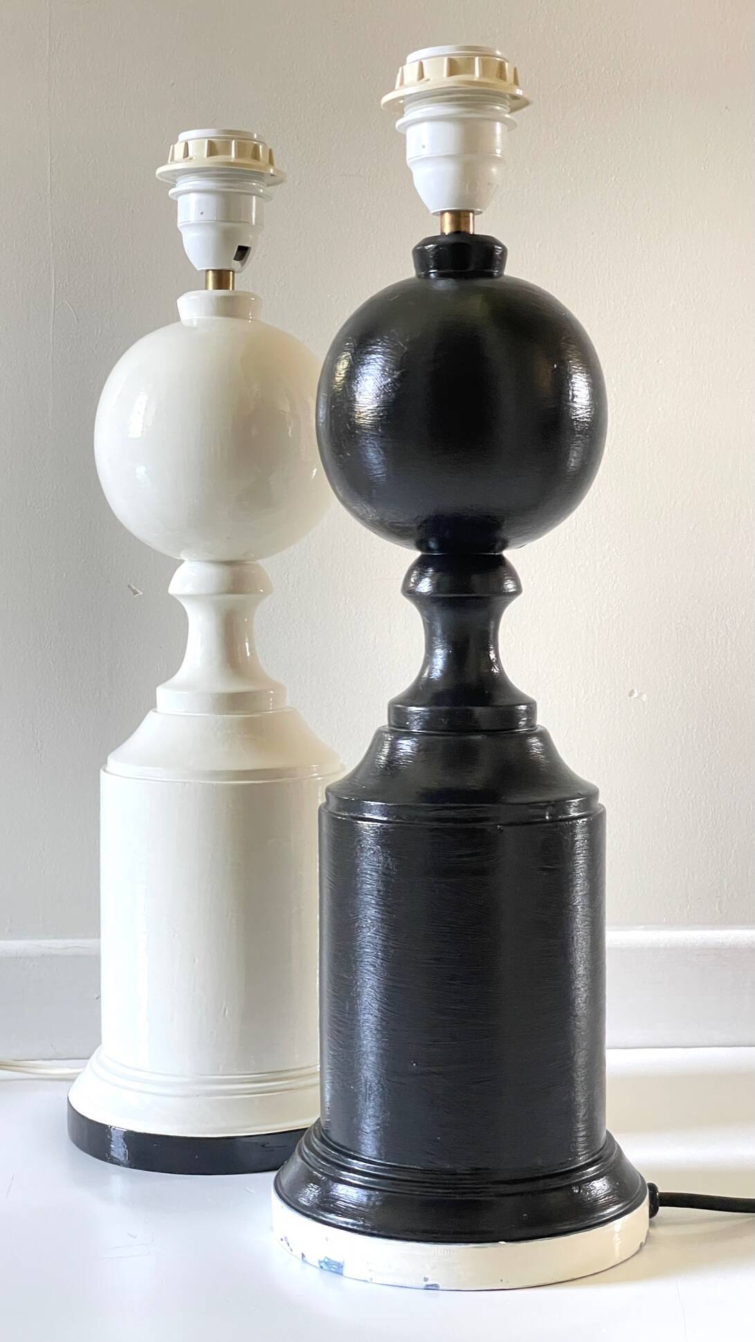 2 large black and white turned wood vintage lamp bases.