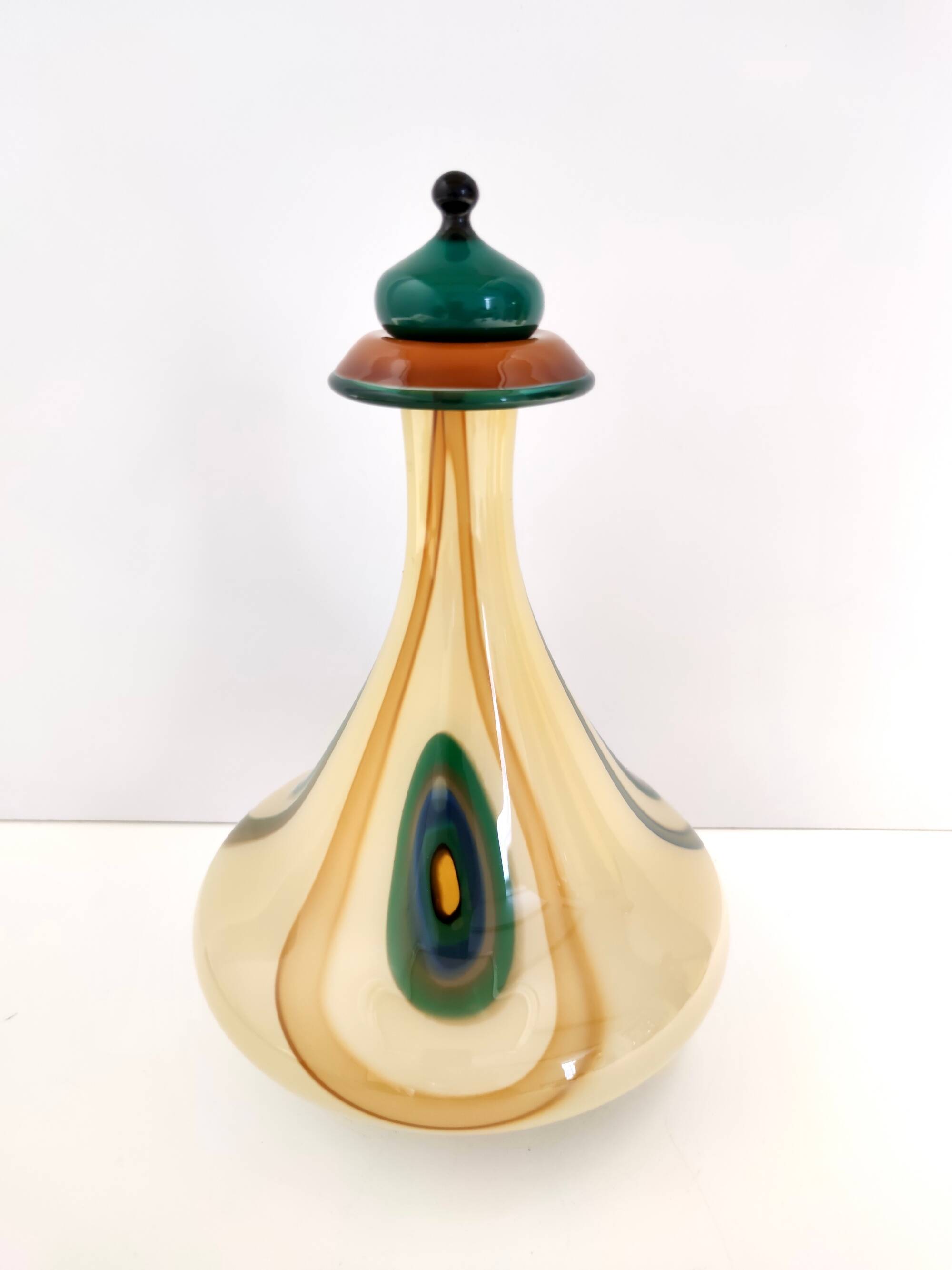 Beige Encased and Hand-blown Glass Decanter Bottle, Italy