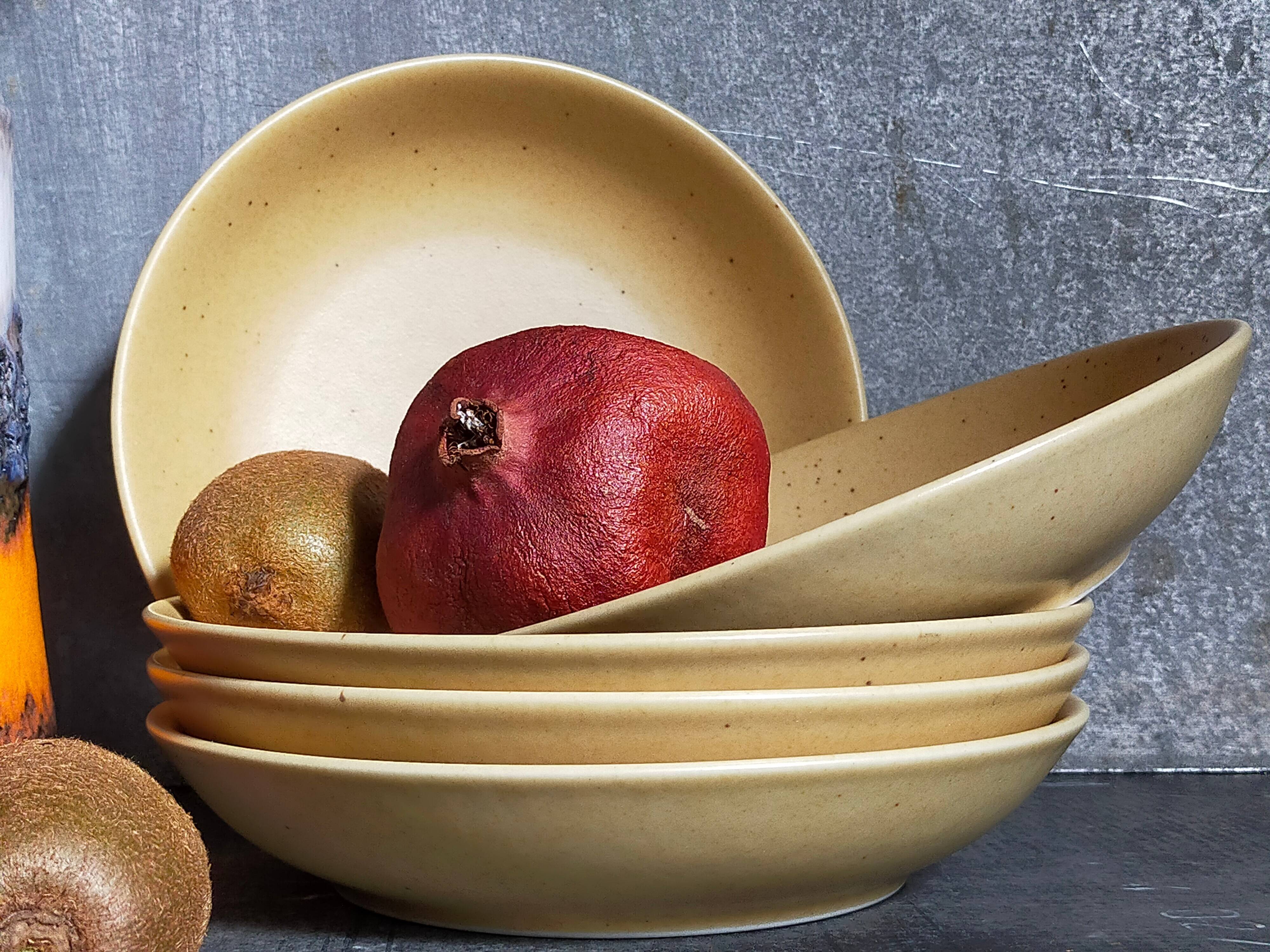 Five vintage natural stoneware soup plates