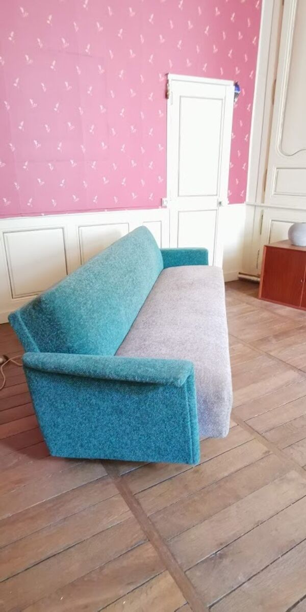 Canapé convertible daybed années 50 60 tissus teddy bi color Turquoise et beige
