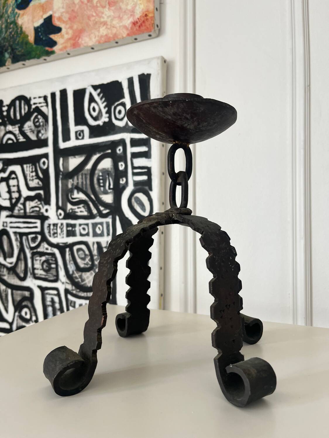 Brutalist iron candlestick Folk art