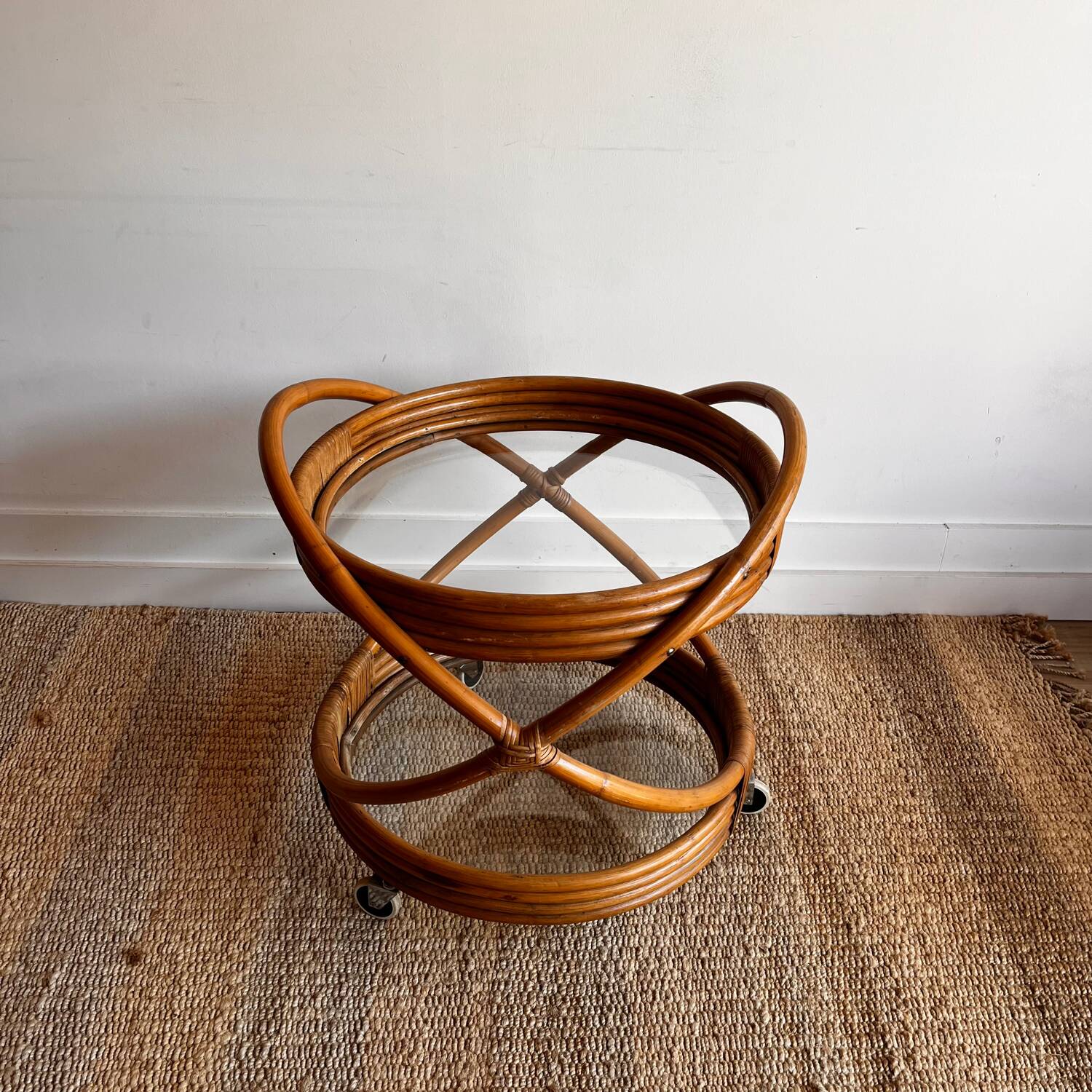 Chariot à dessert en rotin et bambou style Mid Century