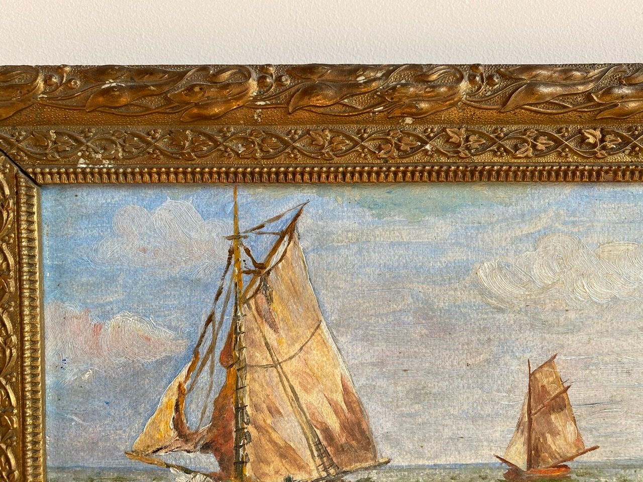 Ancient painting, Marine, signed 20th century