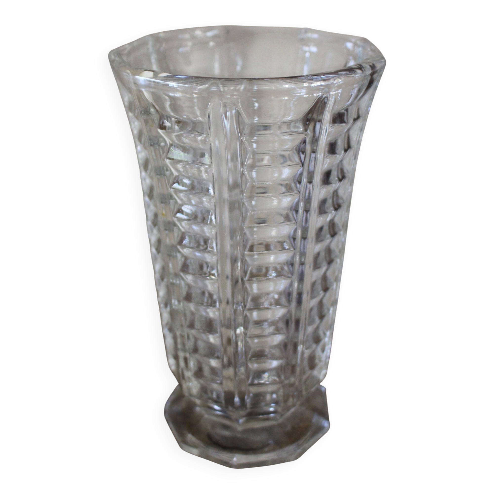 Vintage transparent cut glass pedestal vase