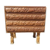 Compact 4-drawer ethnic chest of drawers carved with scenes of African life