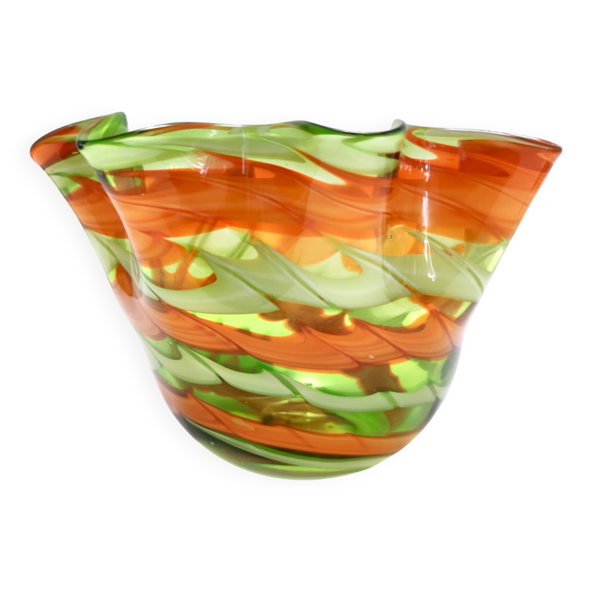 Postmodern Green and Orange Murano Glass Fazzoletto Vase by Fratelli Toso, Italy