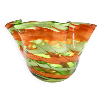 Postmodern Green and Orange Murano Glass Fazzoletto Vase by Fratelli Toso, Italy