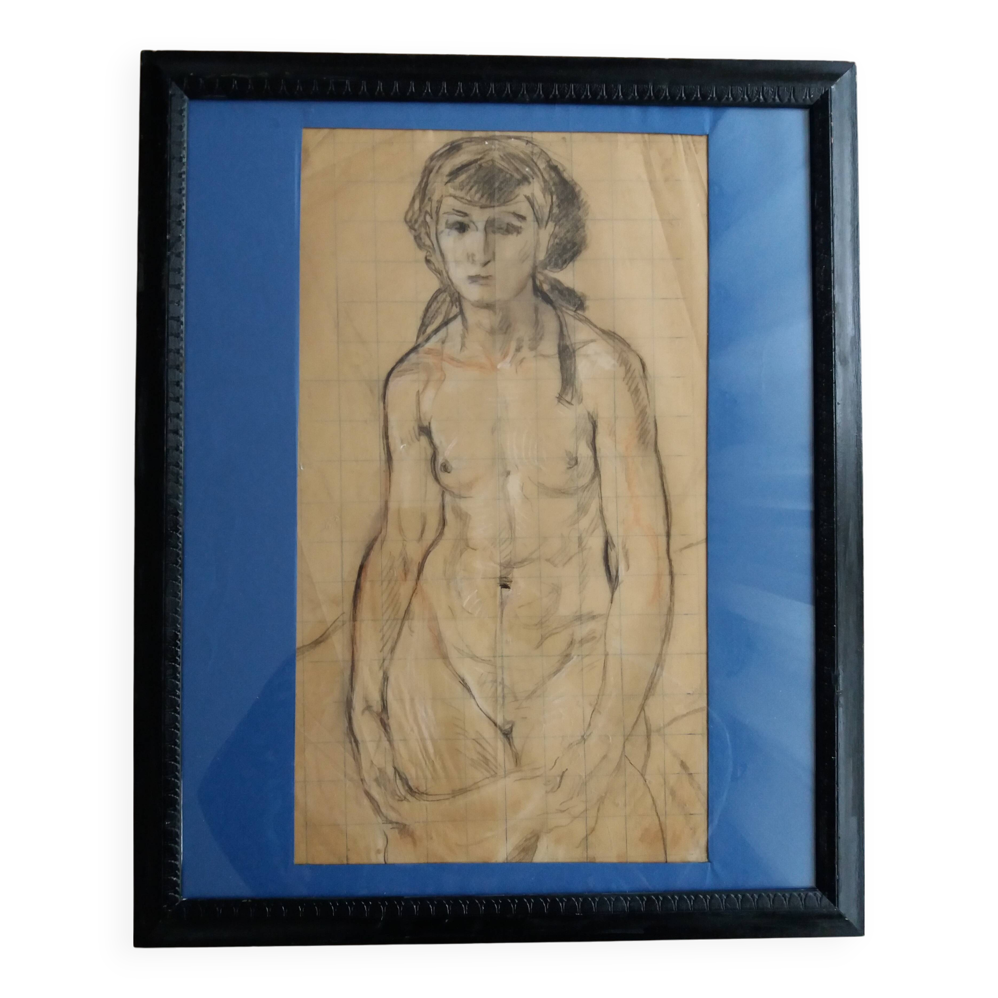 Study of a female nude in charcoal and sanguine, first half of the 20th century