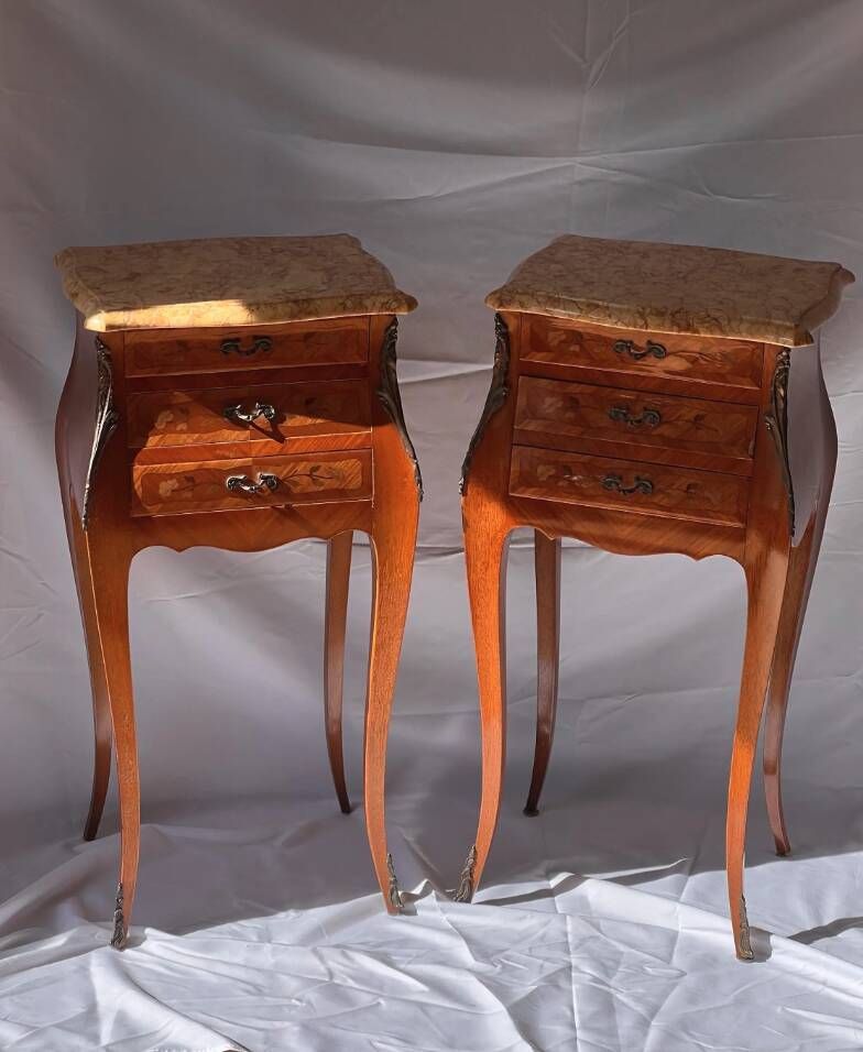 Louis XV Marquetry Bedside Tables, Pair of Vintage French Nightstands