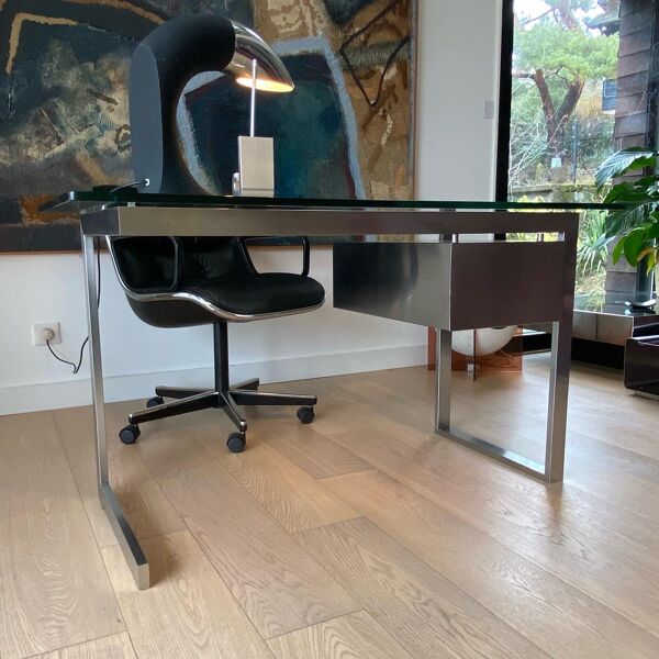 Bureau moderniste en inox de Paul Legeard pour Dom. 1970