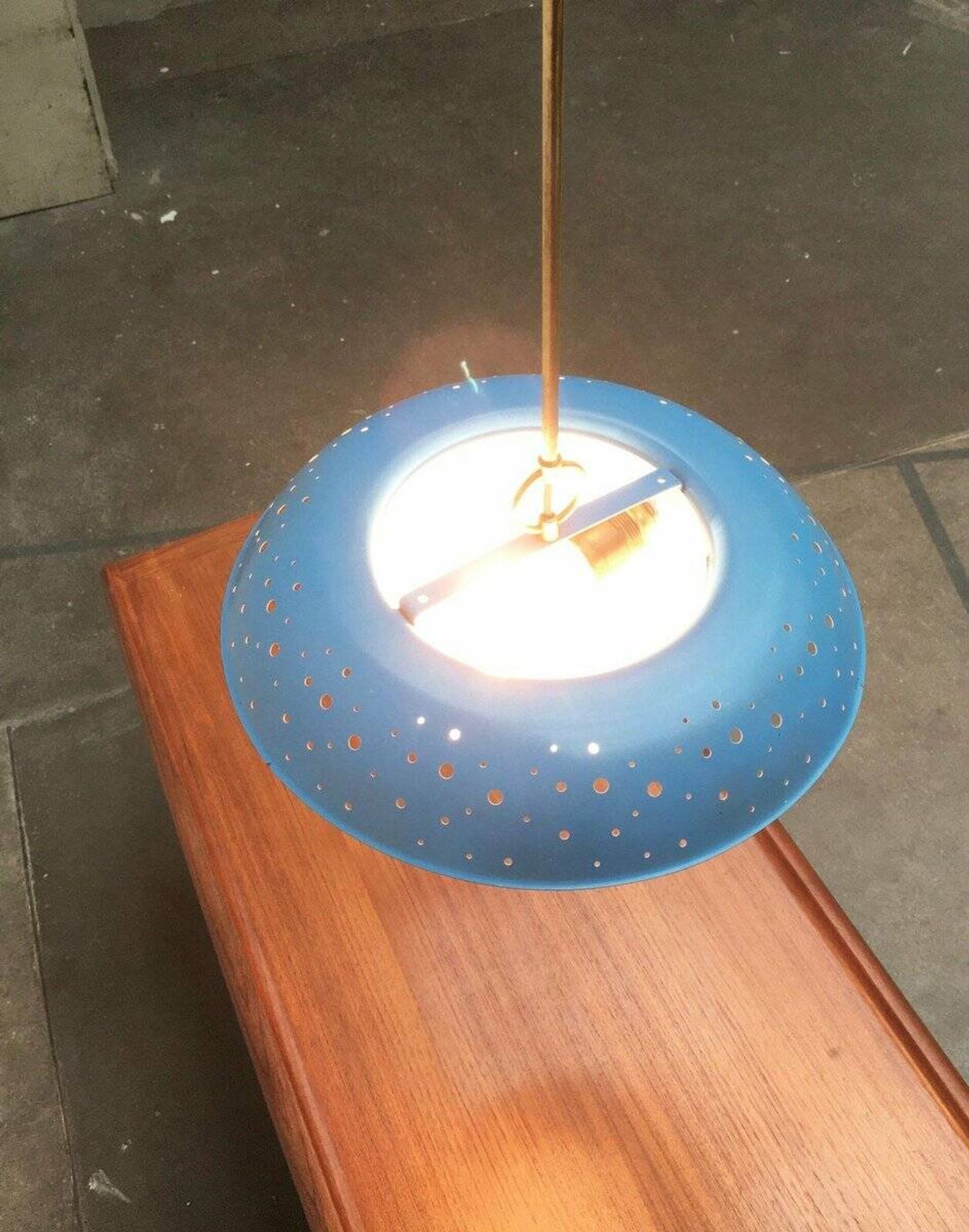 Perforated metal pendant lamp in mid-century style attributed to Ernest Igl for Hillebrand Leuchten, 1960s.