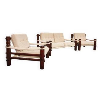 Vintage, safari style  boucle lounge chairs &  sofa, model:björn by aleksander kuczma, 1975 poland