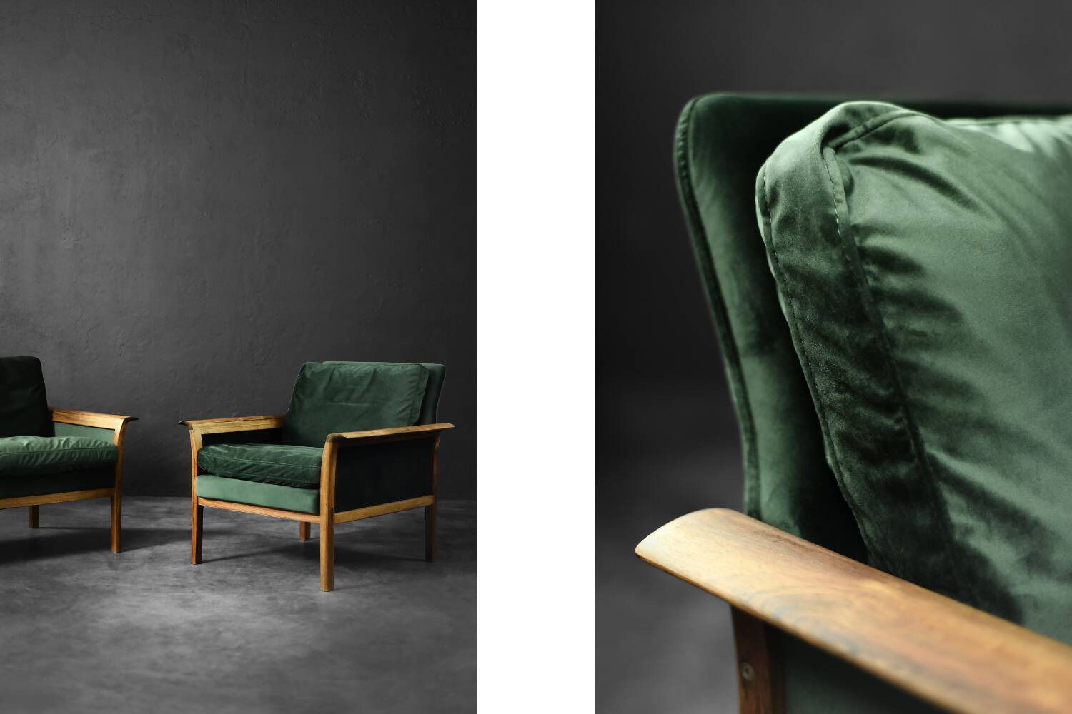 Vintage Mid-Century Modern Rosewood & Green Velour 3-Seater Sofa and Chair