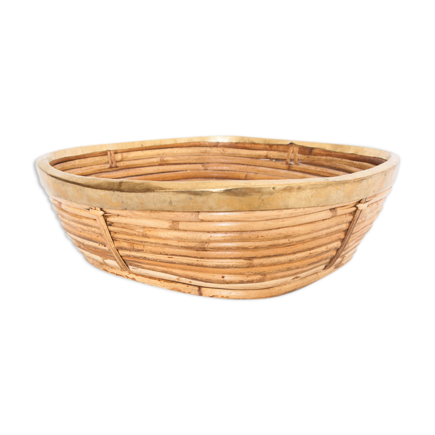 Vintage brass-rimmed rattan basket