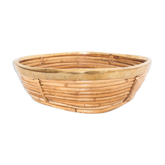 Vintage brass-rimmed rattan basket