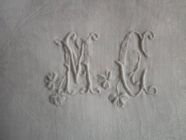 6 large antique damask napkins, monogrammed