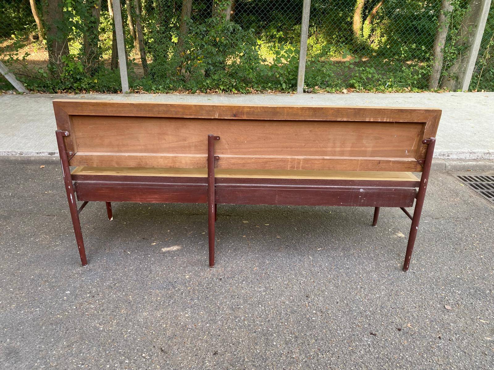 Grand banc d'école vintage 170 cm de 3/4 places en bois brut poncé métal 19
