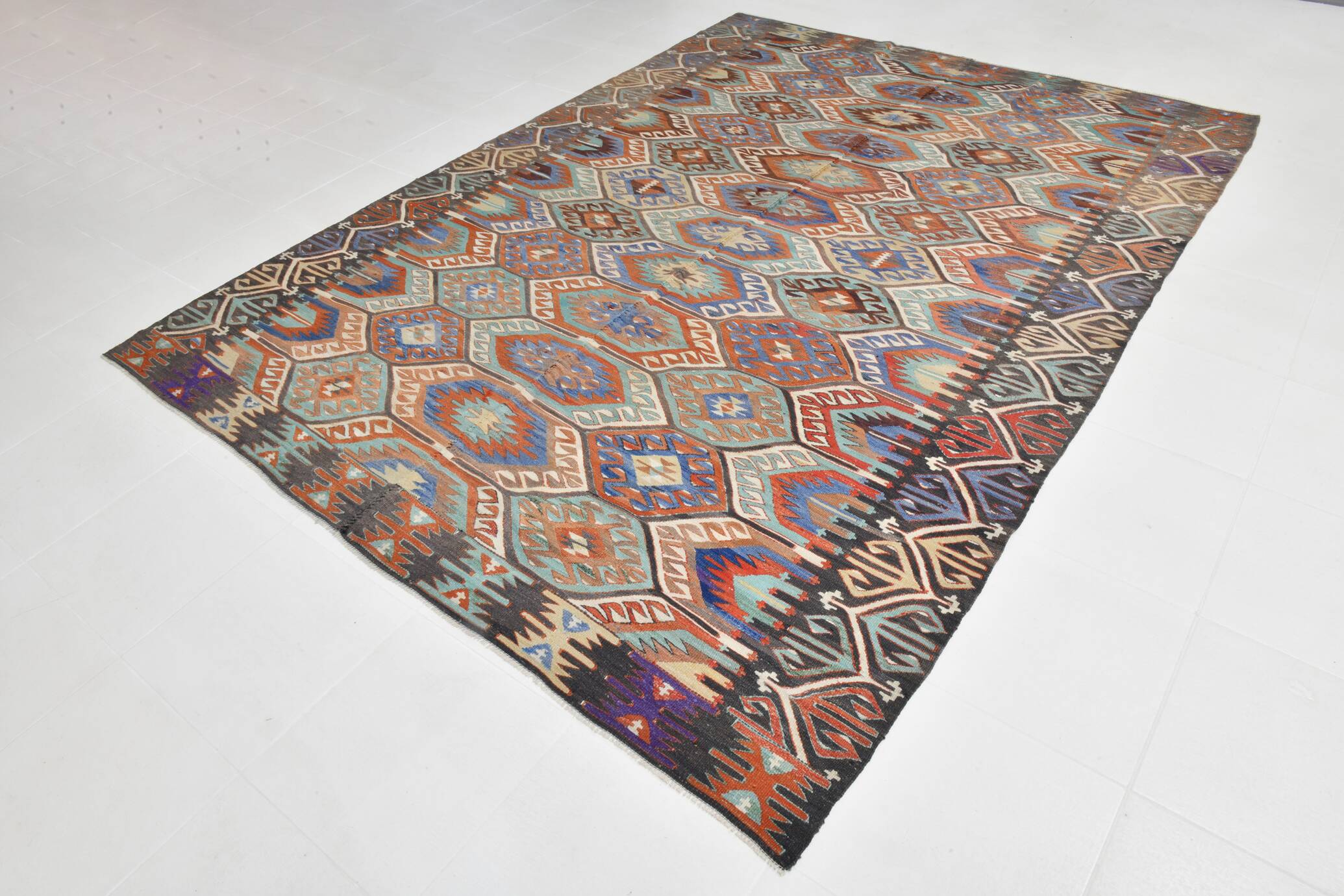 7x10 Green & Blue Geometric Pattern Kilim Rug, 222x303Cm
