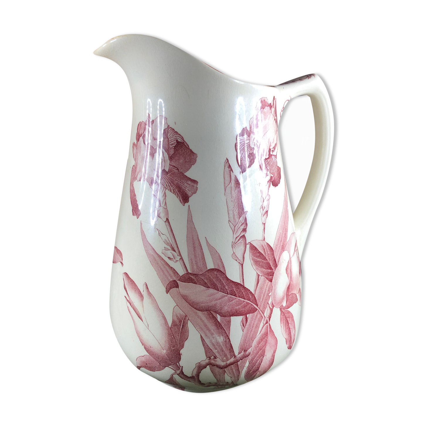 Pitcher jug or white broc decorated with pink flowers magnolia shabby chic