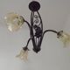 French Art Nouveau Leaf Detail Iron 3 Light Chandelier Amber Glass Shades