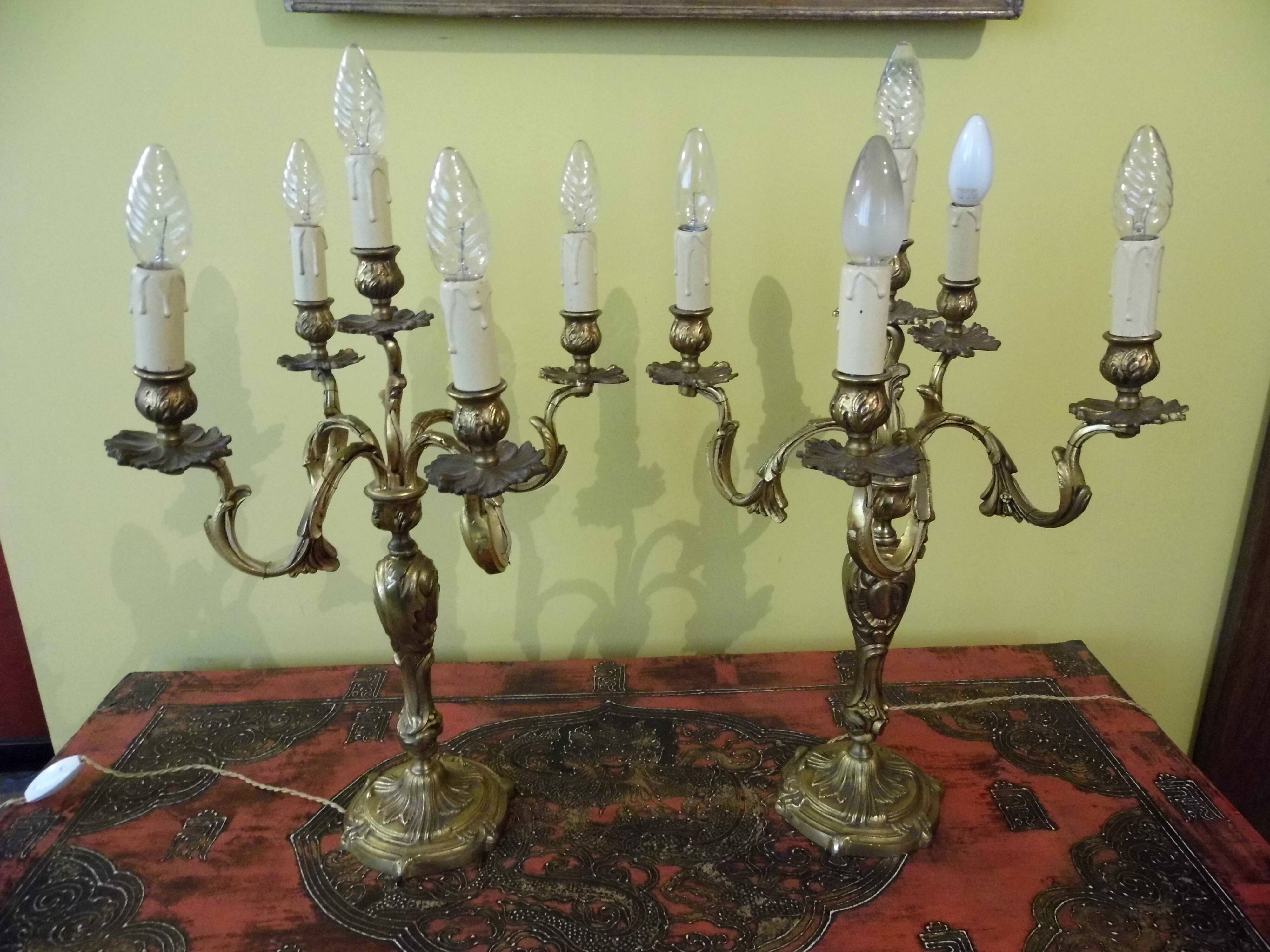 Chandeliers, candelabras pair of table lamps, bronze