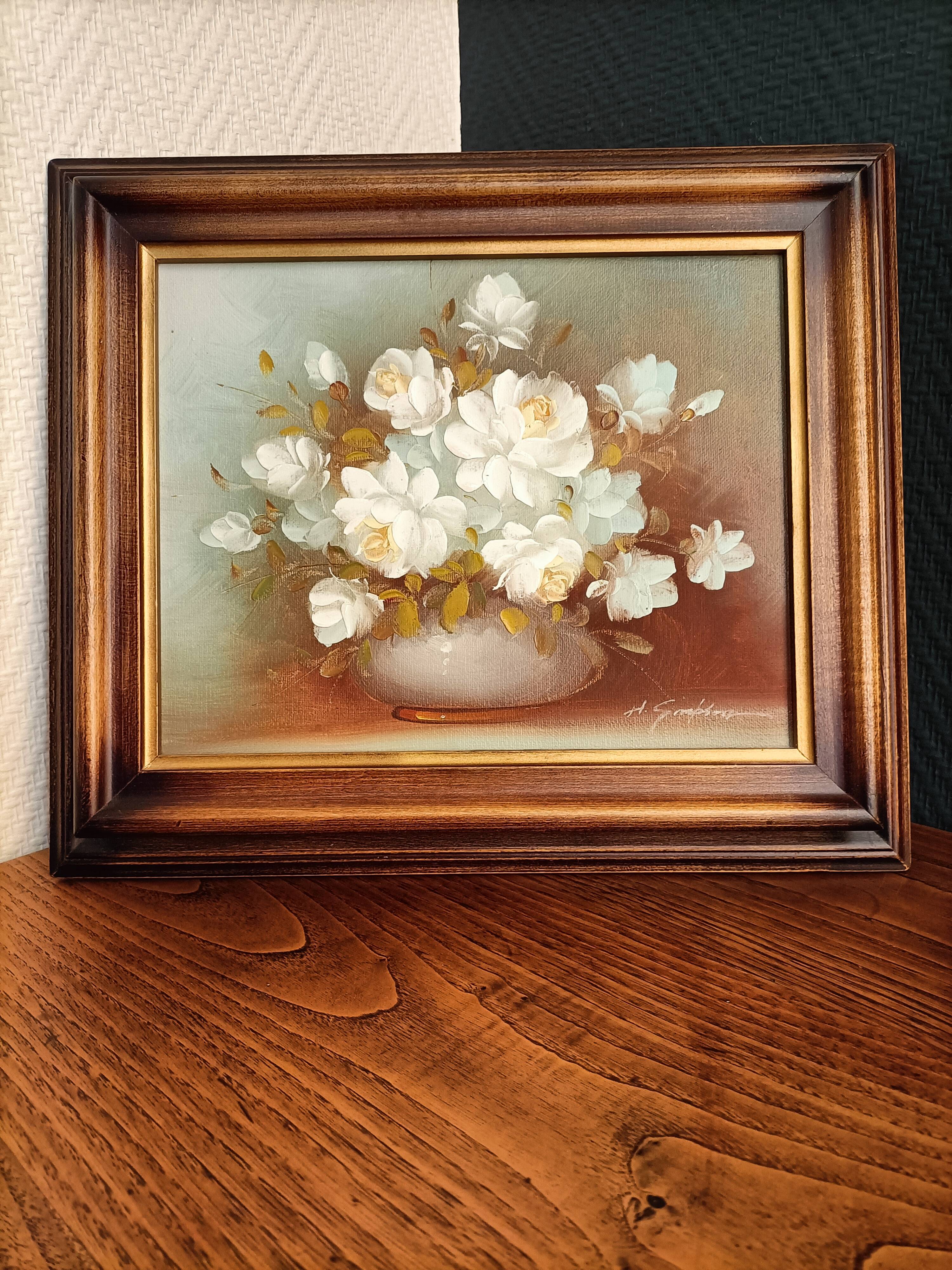 Still life painting with flowers, artist's signature