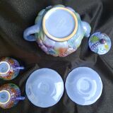 Service à thé, tête à tête, théière + 2 tasses et sous-tasses, faïence de Salins,  barbotine, TBE.
