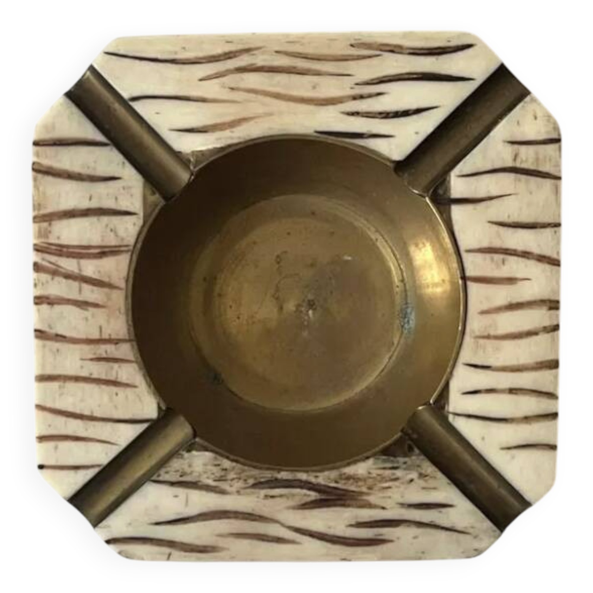 Italian ashtray in ivory zebra resin and brass, 1970s design.